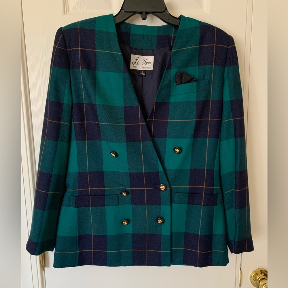 Vintage Le Suit Set Blazer Jacket Skirt 2 PC 80s Green Navy Plaid Women’s Size 6 - Picture 2 of 16